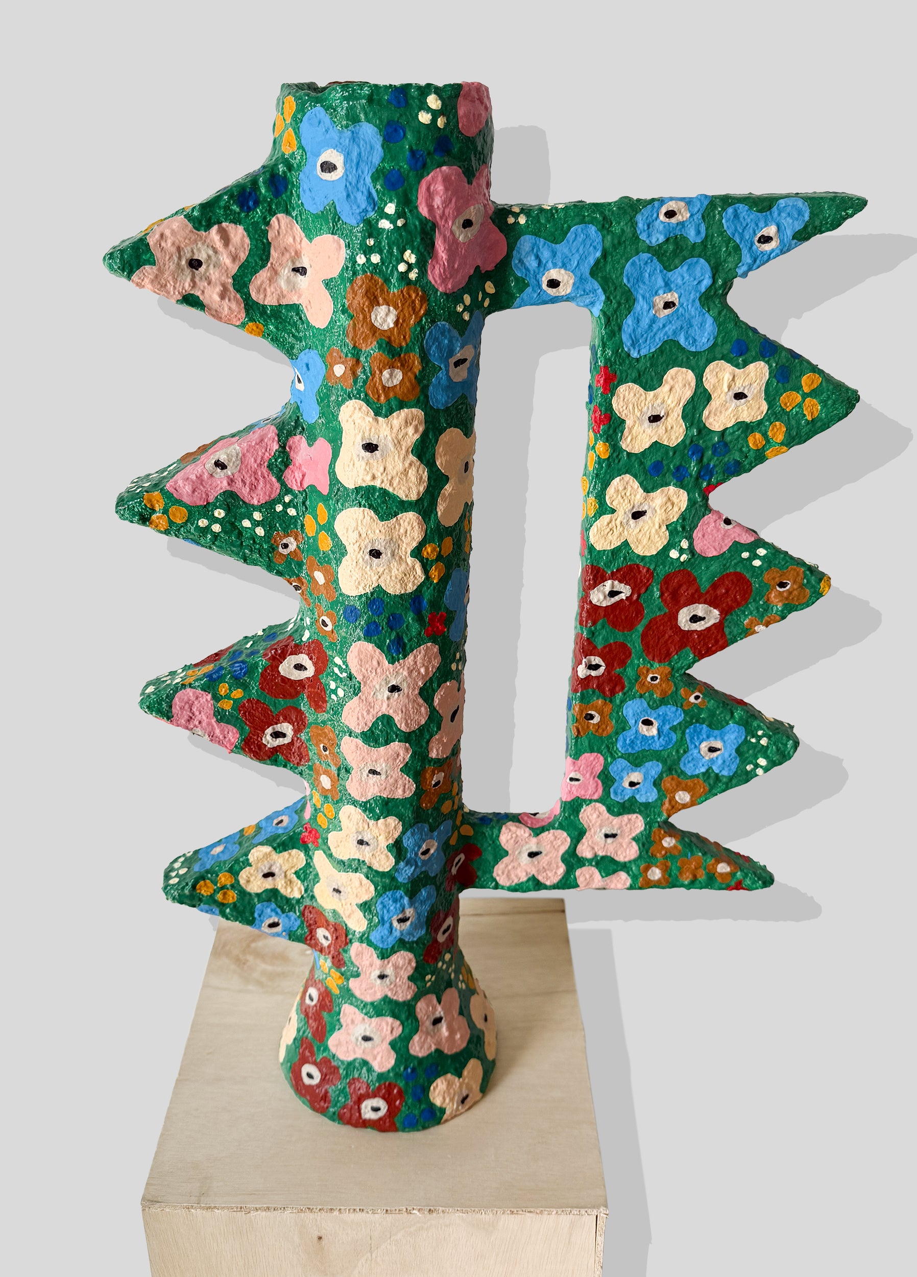 Paper mache vessel with flower design handmade by claverol studio